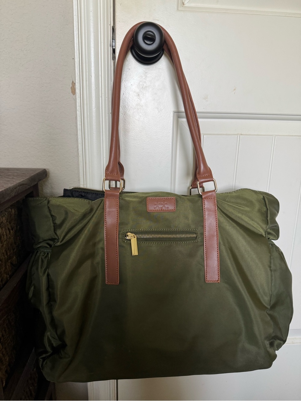The Teacher Tote in Olive Green (Tote Bag with Brown Handles)